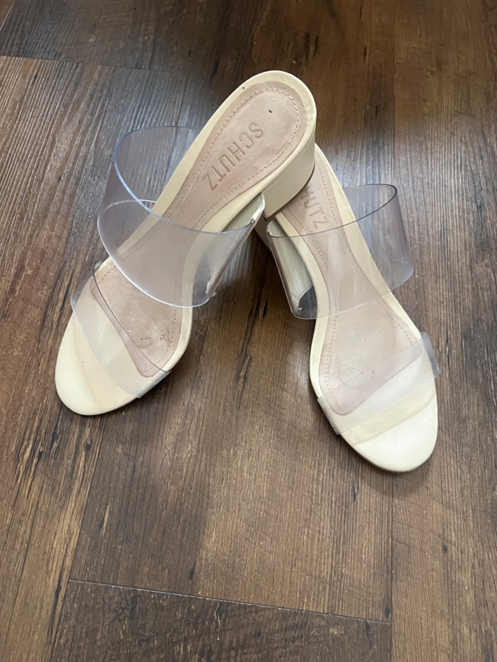 SCHUTZ Clear Strap Neutral Slide Heels